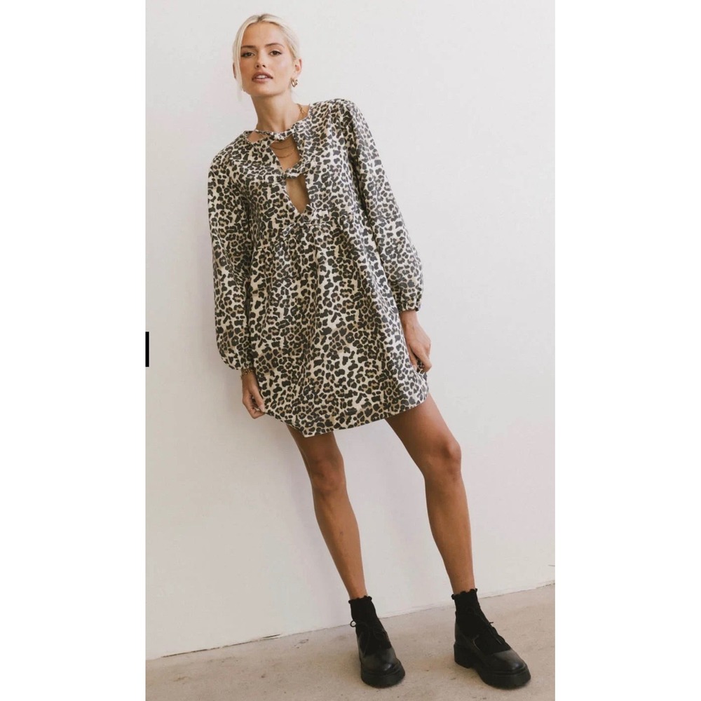 Bohme NWT Tyler Peplum Leopard Mini Dress Long Sleeve Bow Cutout Babydoll XS